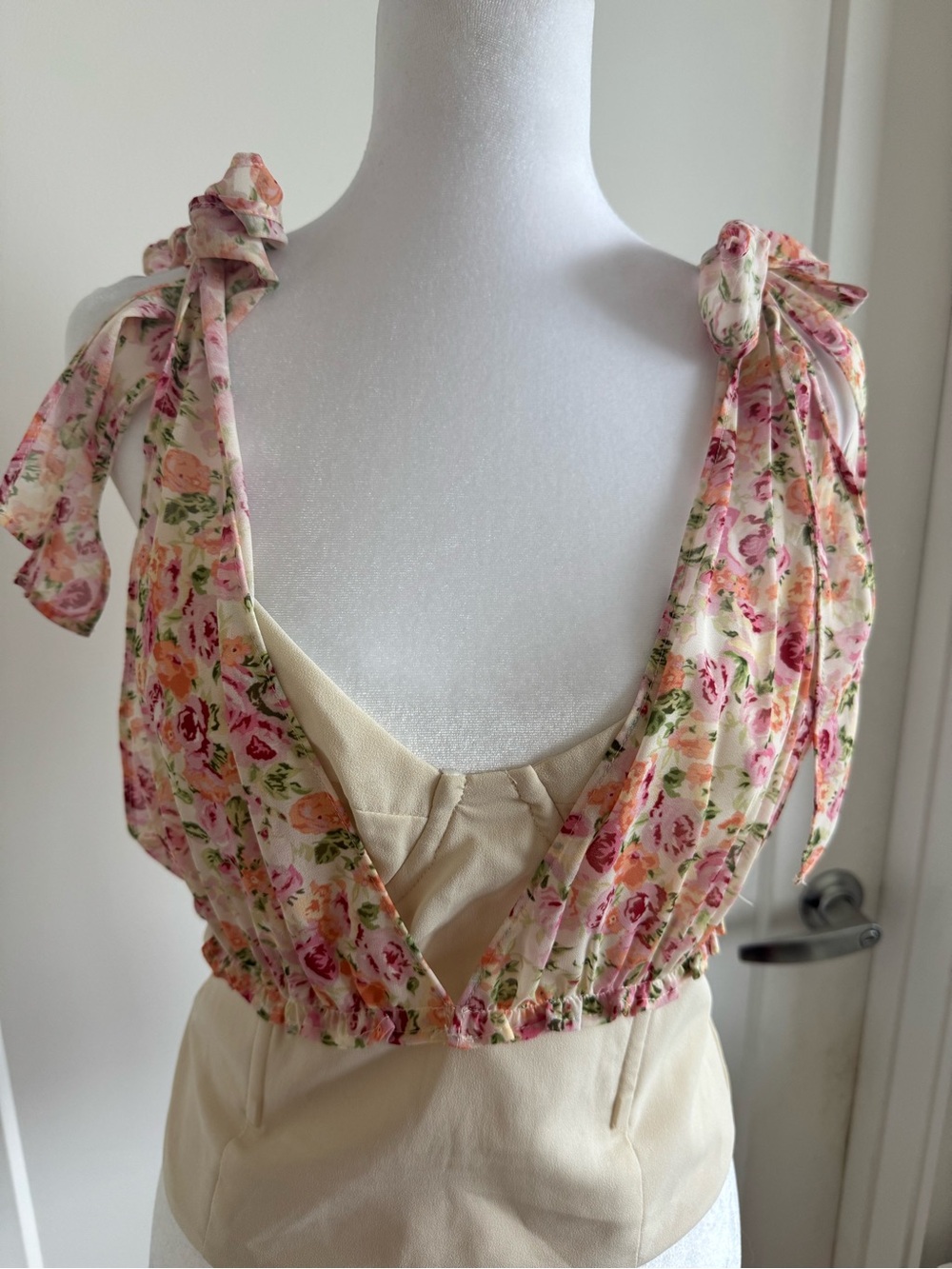 LPA Floral Tie-Shoulder Top in Cream and Pink with built in corset